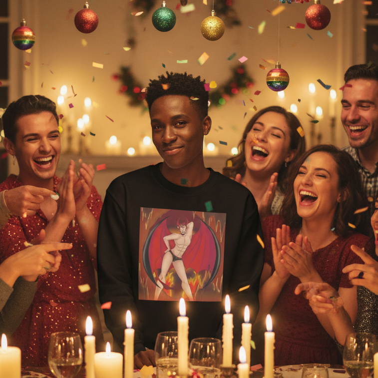 Friends surround a festively decorated table, celebrating as a young man showcases The Demon of Homosexuality Unisex Sweatshirt, featuring a playful devil illustration, embodying LGBTQ pride and self-expression.