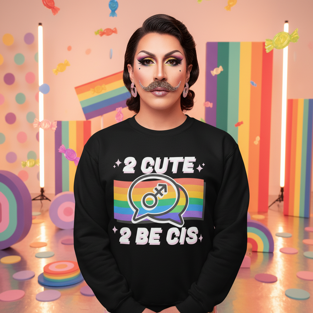 Person in a playful studio wears the 2 Cute 2 Be Cis Unisex Sweatshirt, showcasing pride and self-expression with a stylish rainbow speech-bubble design, embodying queer joy and empowerment.
