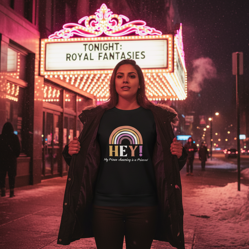 A young woman reveals the Hey! My Prince Charming Is A Princess! Unisex Sweatshirt, showcasing a bold rainbow and text on a snowy city sidewalk, embodying pride and self-expression.
