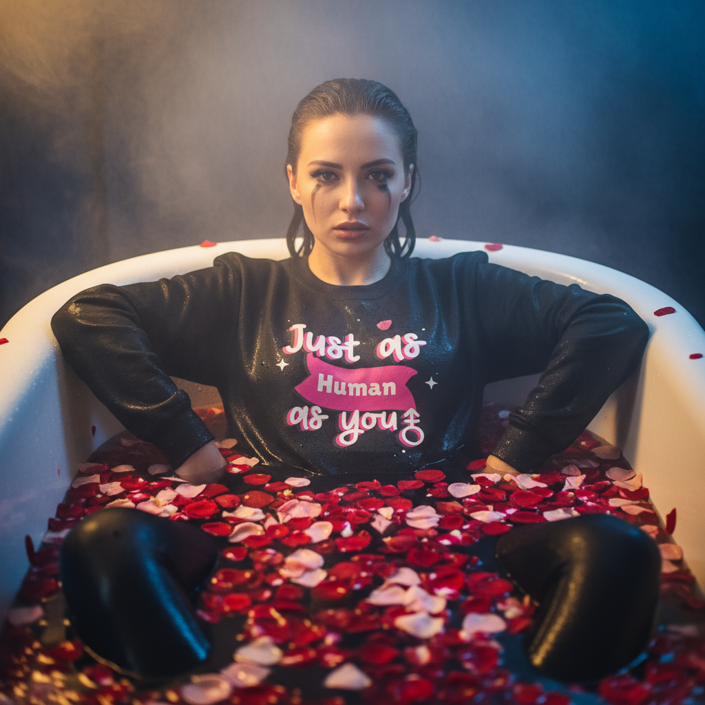 “Just As Human As You” unisex sweatshirt worn by a serious woman in a white tub with rose petals, lit dramatically, proud and poised.