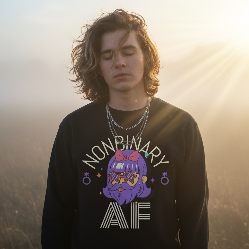 Nonbinary AF Unisex Sweatshirt in black with a colorful cartoon face, queer gender symbols, silver necklaces; sunlight outdoors.