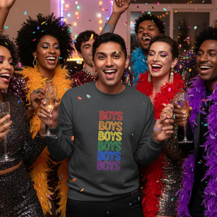 Group of friends celebrating with a young man in the center wearing a Boys Boys Boys Unisex Sweatshirt, showcasing LGBTQ pride with festive energy, sparkling outfits, and colorful boas.