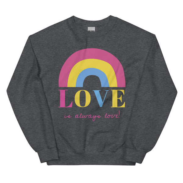 Unisex dark heather gray Gildan sweatshirt with a pansexual rainbow and 