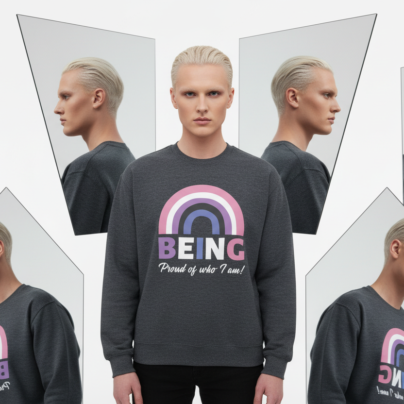 Front view of a dark gray sweatshirt with a rainbow graphic and “BEING Proud of who I am!” text