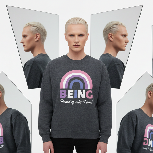 Front view of a dark gray sweatshirt with a rainbow graphic and “BEING Proud of who I am!” text