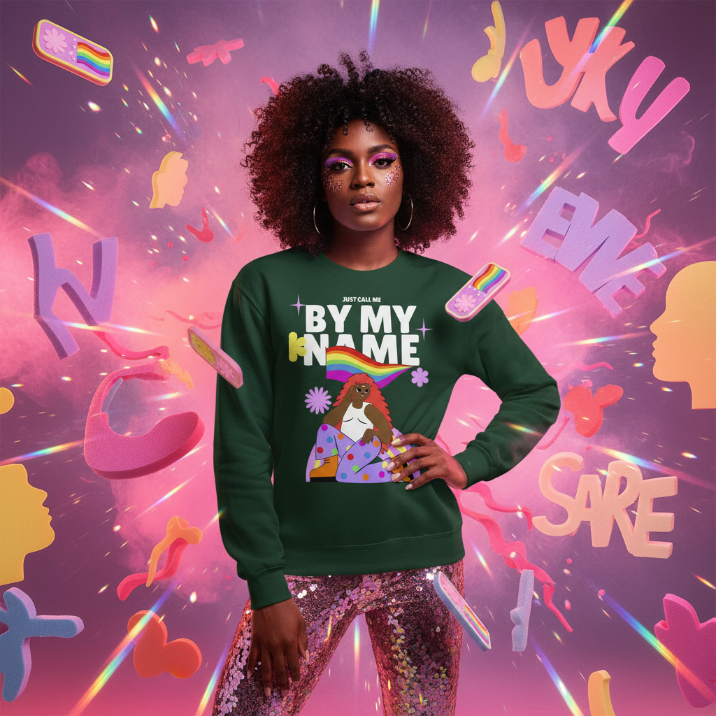 Young Black woman in a deep green Just Call Me By My Name Unisex Sweatshirt, confidently posing with cosmic-style background, embodying bold pride and queer empowerment with rainbow and abstract elements.