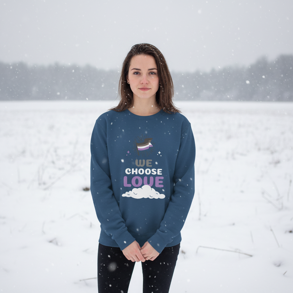 Front-facing person wearing a blue sweatshirt reading “WE CHOOSE LOVE” in a snowy field