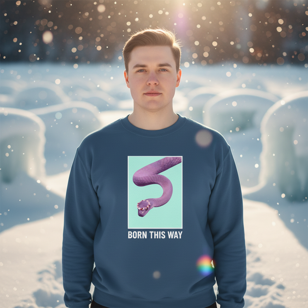 Young man in snow wearing the Born This Way Unisex Sweatshirt featuring a purple snake graphic. Celebrates LGBTQ pride with soft, warm fabric, perfect for expressing bold, joyful queer identity.