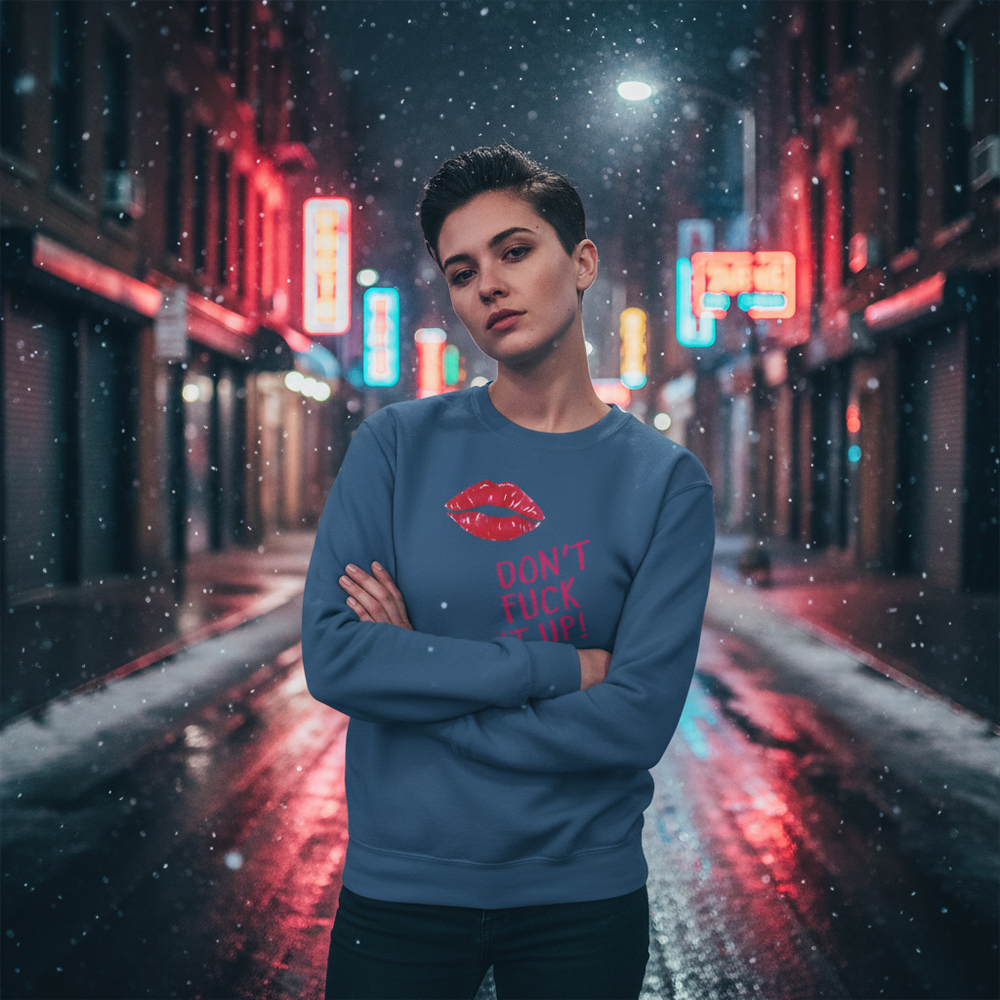 Person wearing a blue sweatshirt with red lips and “DON’T FUCK IT UP!” text on a snowy neon-lit street