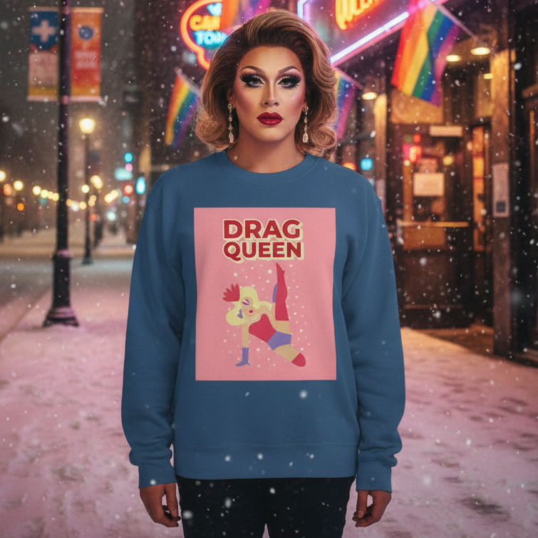 Person in vibrant drag on snowy street at night, wearing the Drag Queen Unisex Sweatshirt. The sweatshirt showcases a pink square graphic with DRAG QUEEN over a colorfully posed figure, embodying queer pride and self-expression.