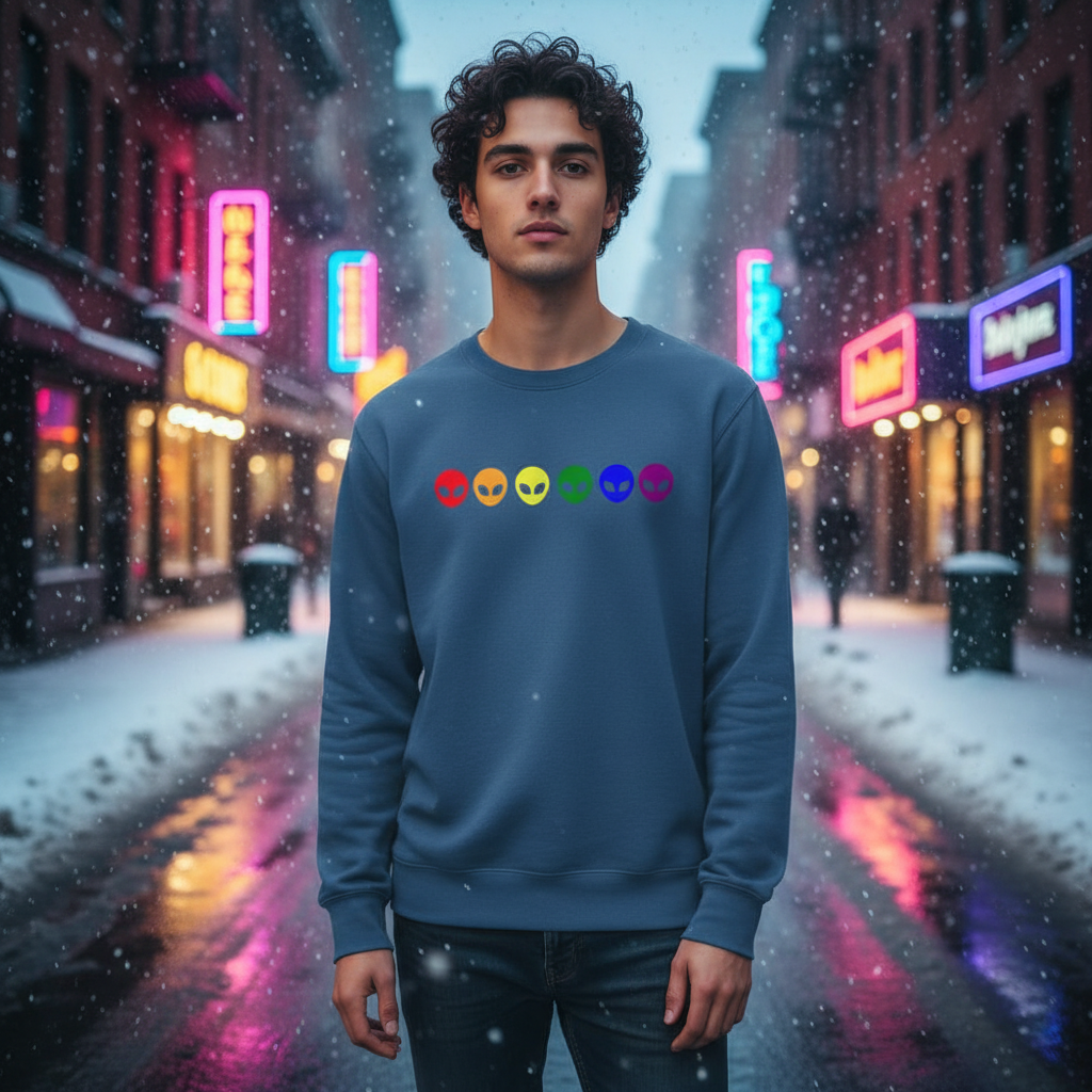 Young man wears the Gay Alien Unisex Sweatshirt, featuring rainbow-colored alien icons, amid a snowy city street at dusk, embodying LGBTQ pride and self-expression with vibrant, inclusive style.
