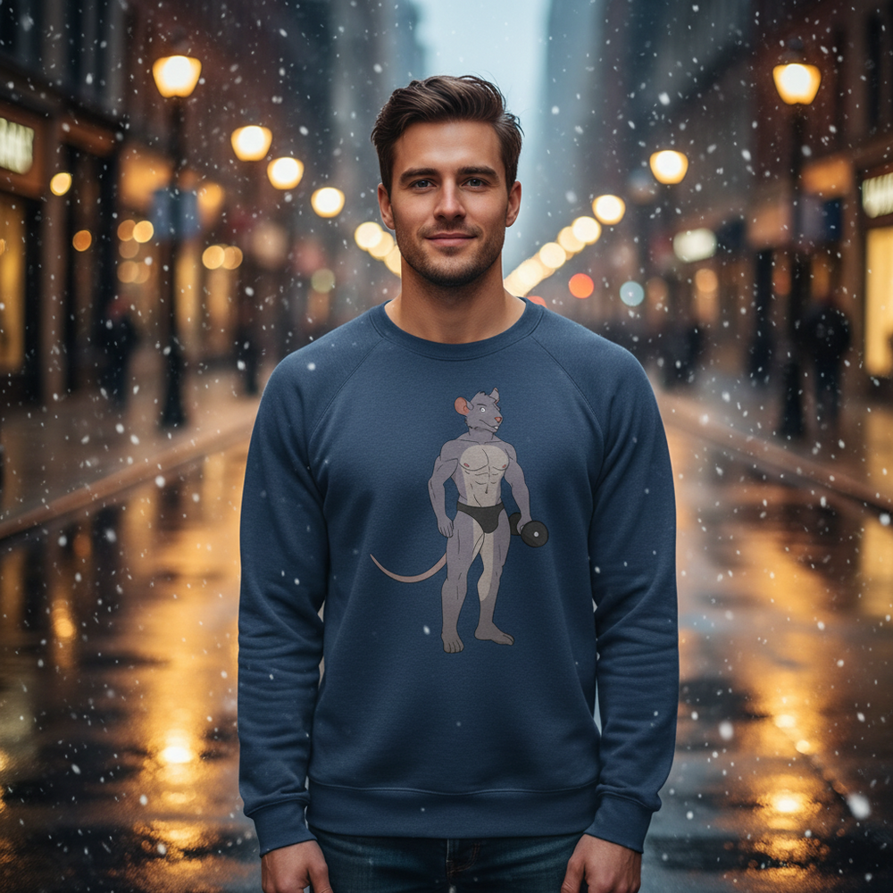 Person wearing a navy sweatshirt with a muscular cartoon rat holding a dumbbell in falling snow