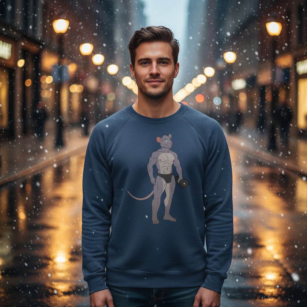 Young man on a snowy street wearing the Gay Gym Rat Unisex Sweatshirt, showcasing a cartoon muscular rat. This vibrant, soft sweatshirt embodies LGBTQ pride and self-expression, perfect for staying warm and fabulous.