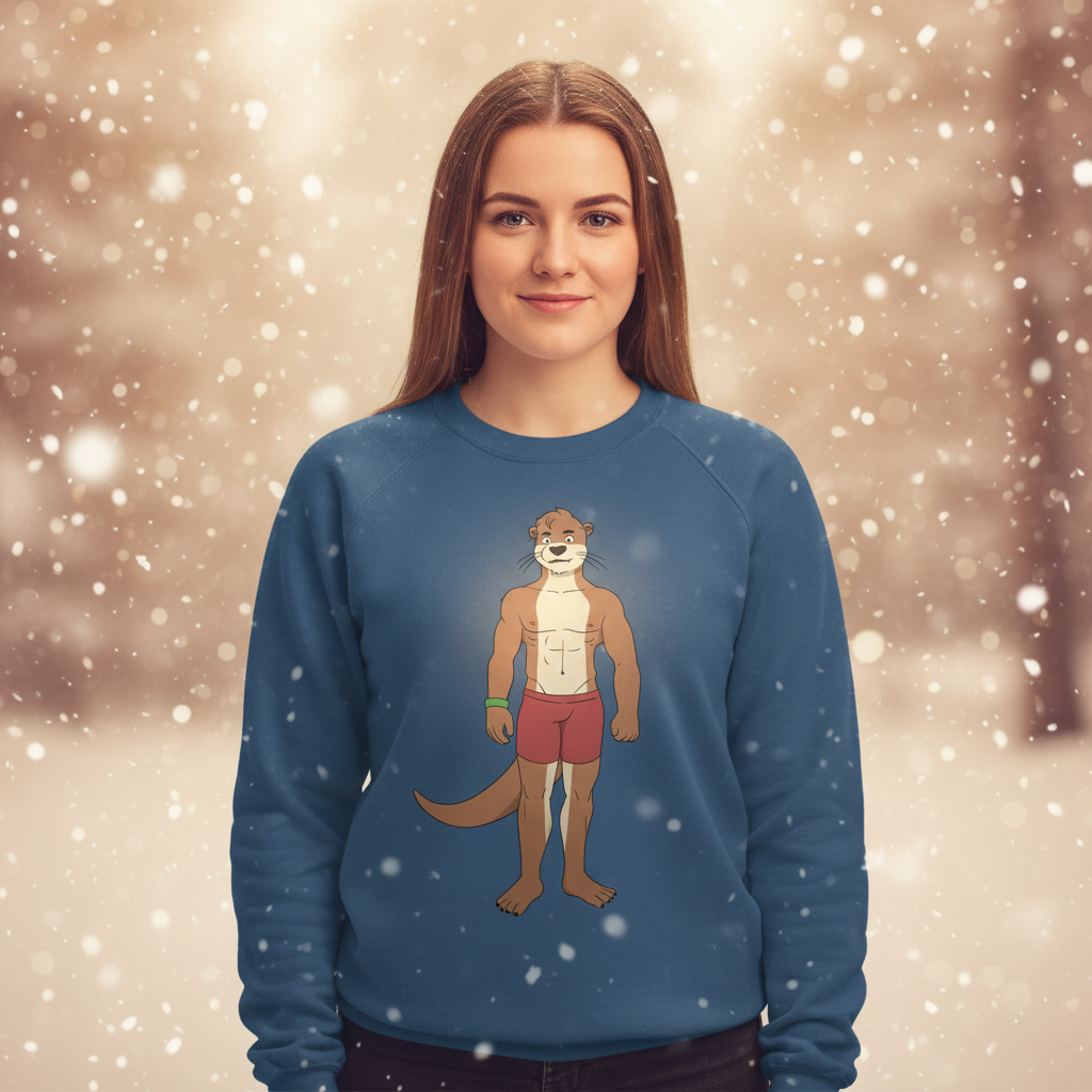 Young woman wearing the Gay Otter Unisex Sweatshirt featuring a buff otter graphic, embodying playful queer energy. Perfect for warmth and prideful self-expression, ideal for LGBTQIA+ visibility and empowerment.