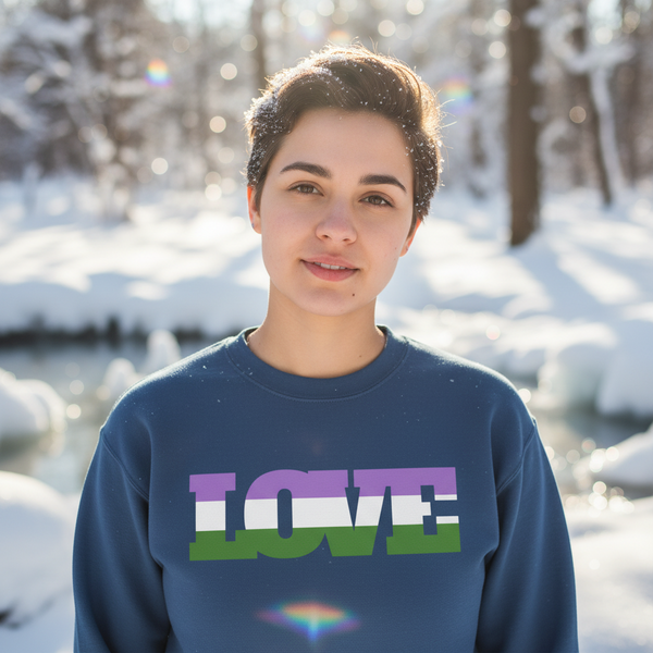 Front-facing person wearing a navy sweatshirt with multicolor “LOVE” lettering in a snowy forest