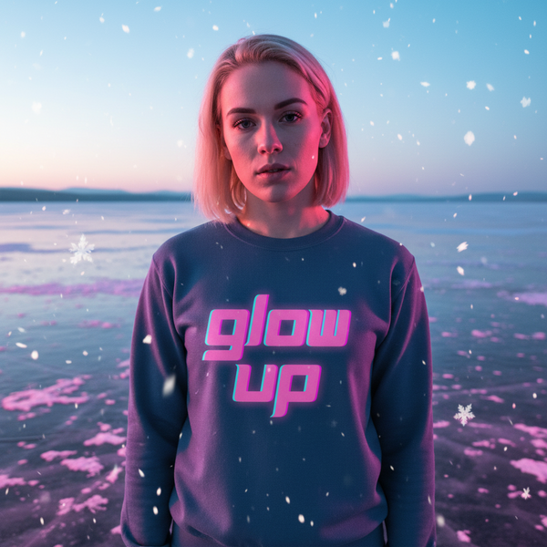 Front-facing model in a dark purple sweatshirt reading “glow up,” standing by icy water