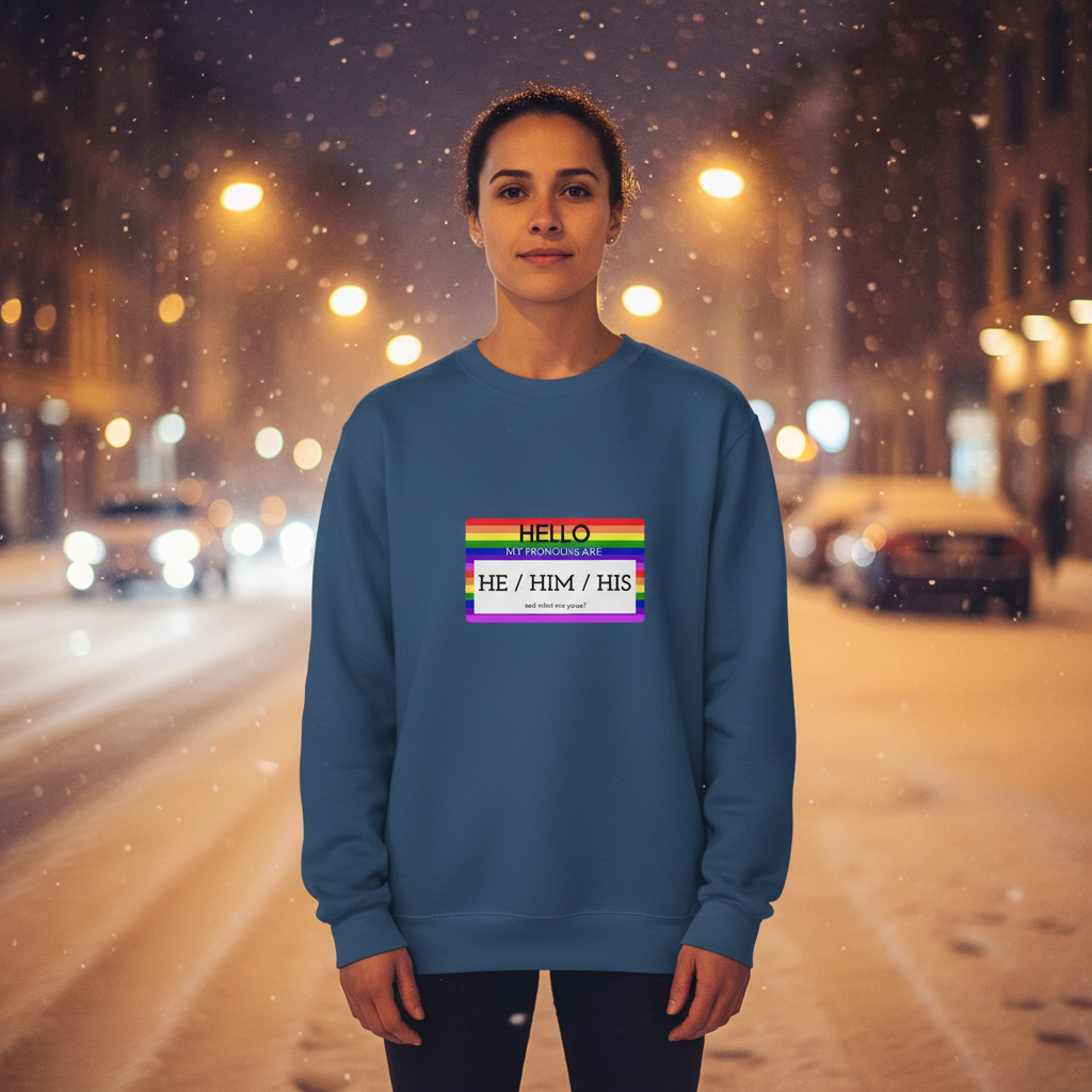 Person in a snowy city wears the Hello My Pronouns Are He / Him / His Unisex Sweatshirt, showcasing LGBTQ pride with a rainbow-bordered name tag. The sweatshirt is cozy, stylish, and inclusive.