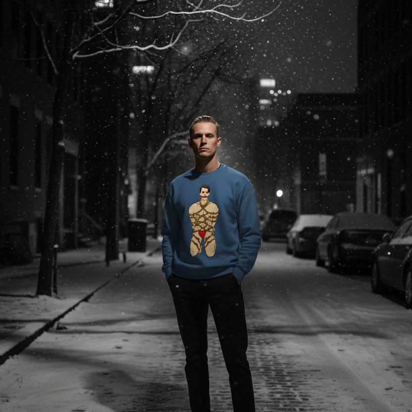 Man in snow-dusted street wearing the Shibari Unisex Sweatshirt, featuring a bold graphic of a muscular figure bound in ropes, symbolizing empowerment and LGBTQ pride. Cozy, stylish, perfect for all queer expressions.
