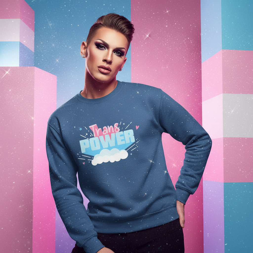 Person confidently models the Stand Proud Trans Power Unisex Sweatshirt, featuring bold text, cloud graphic, embodying empowerment. Styled with earrings, modern hairstyle, pastel background celebrating queer pride and self-expression.