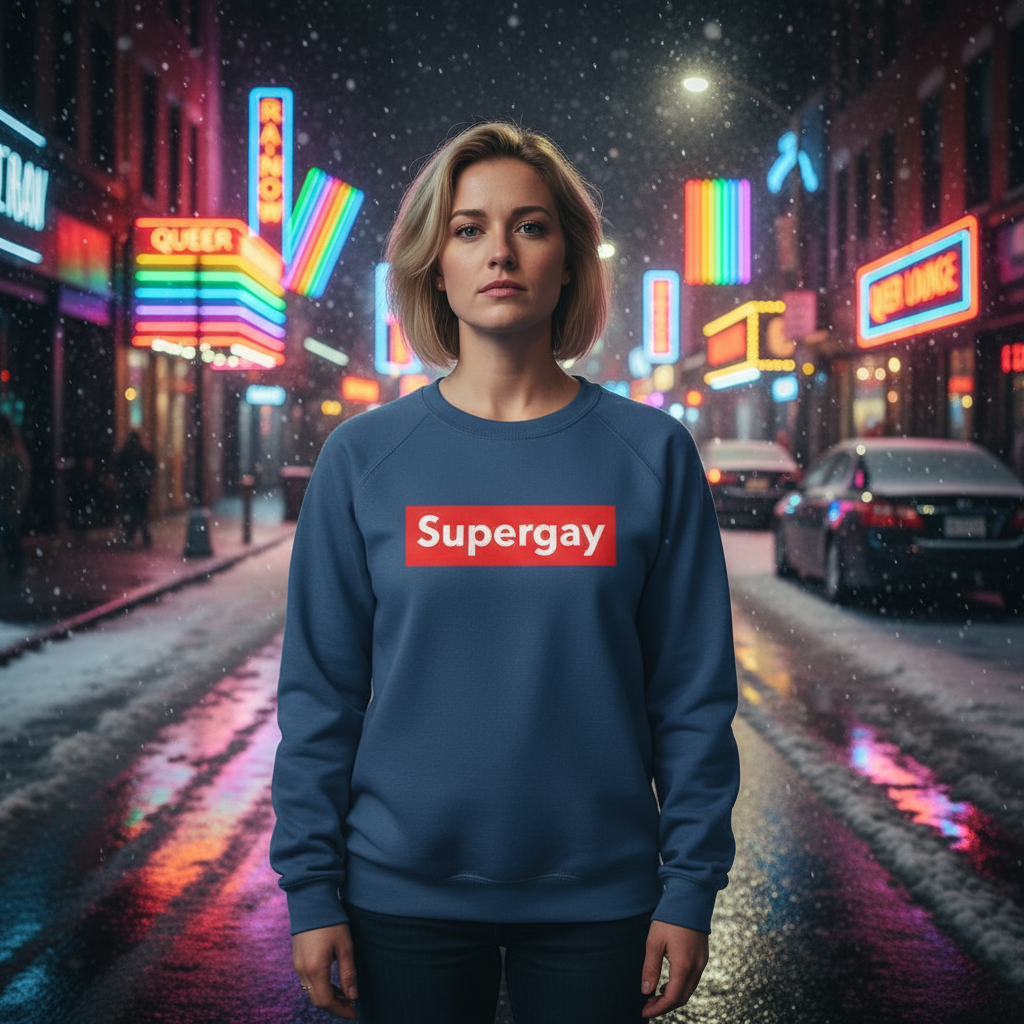 Young woman in a moody city street wears the Supergay Unisex Sweatshirt, proudly displaying bold, empowering style amidst LGBTQ-friendly neon signs, embodying pride, confidence, and self-expression.