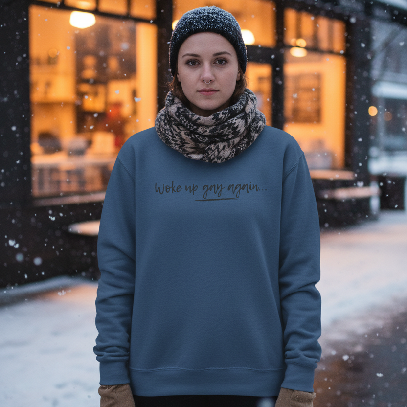 Young person in a snowy evening scene, wearing the “Woke Up Gay Again” unisex sweatshirt, a knit beanie, and patterned scarf, embodying queer pride and warmth with confidence and playful self-expression.