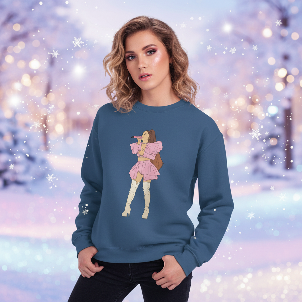 Young woman in a slate-blue Ariana Grande Unisex Sweatshirt featuring a singer illustration, evoking queer pride and self-expression with cozy, inclusive comfort for every gender identity.