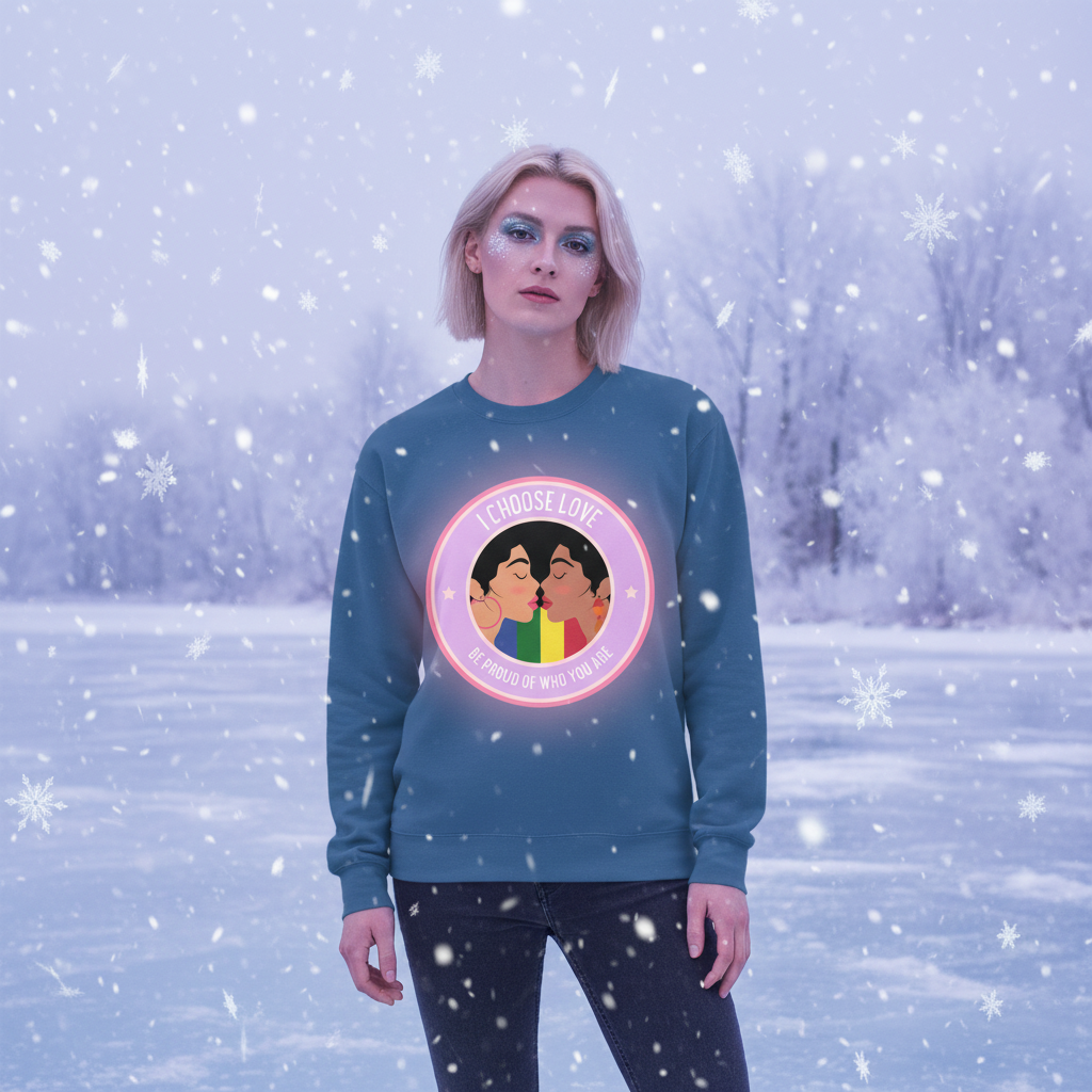 Person on snow-covered field, wearing I Choose Love Unisex Sweatshirt with rainbow graphic and affirming text, embodying LGBTQ pride, inclusivity, and empowerment. Snowflakes fall, enhancing the vibrant, expressive scene.