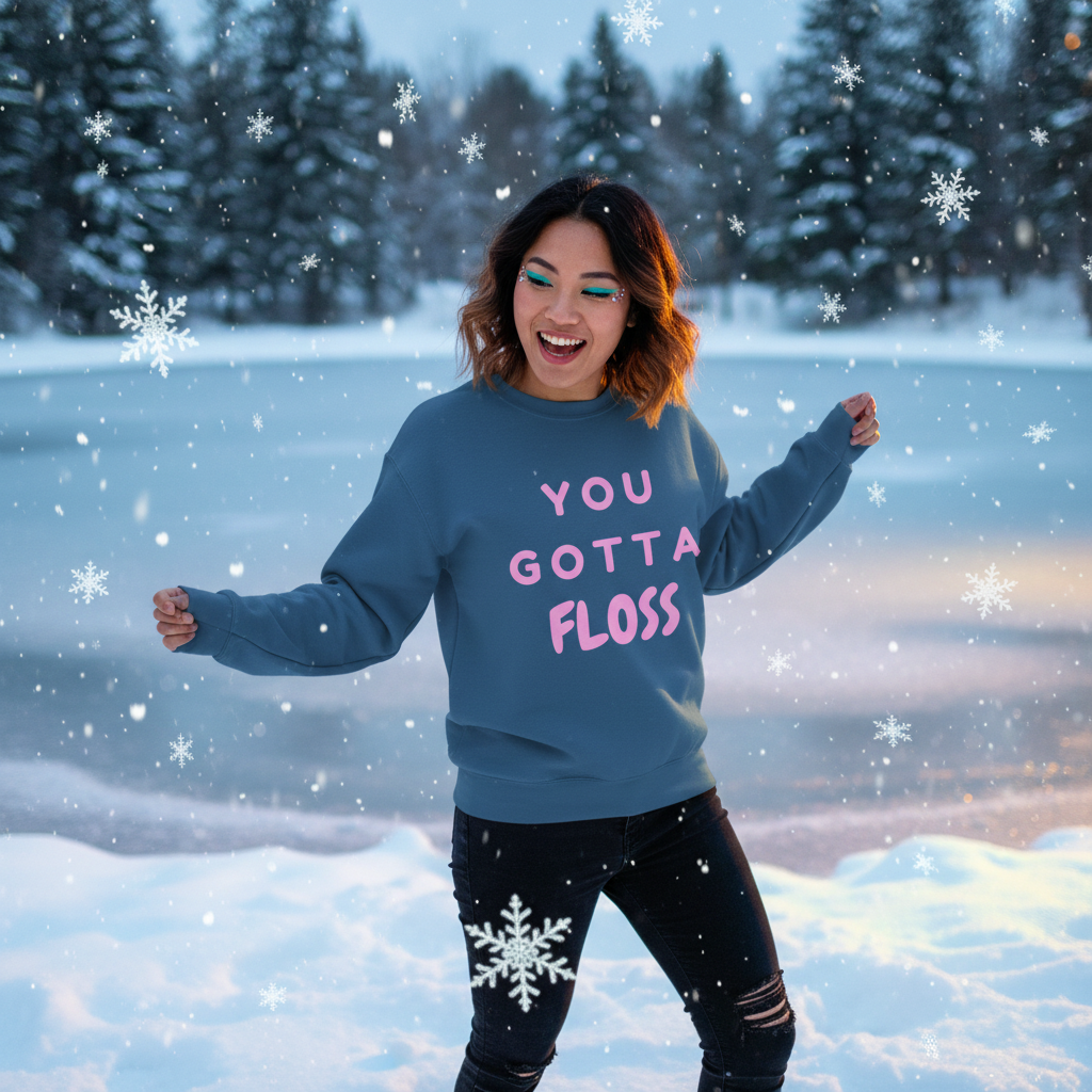 Young woman joyfully dances in a snowy forest wearing the You Gotta Floss Unisex Sweatshirt, celebrating LGBTQ pride with cozy comfort and playful style, perfect for expressing bold, queer self-expression.