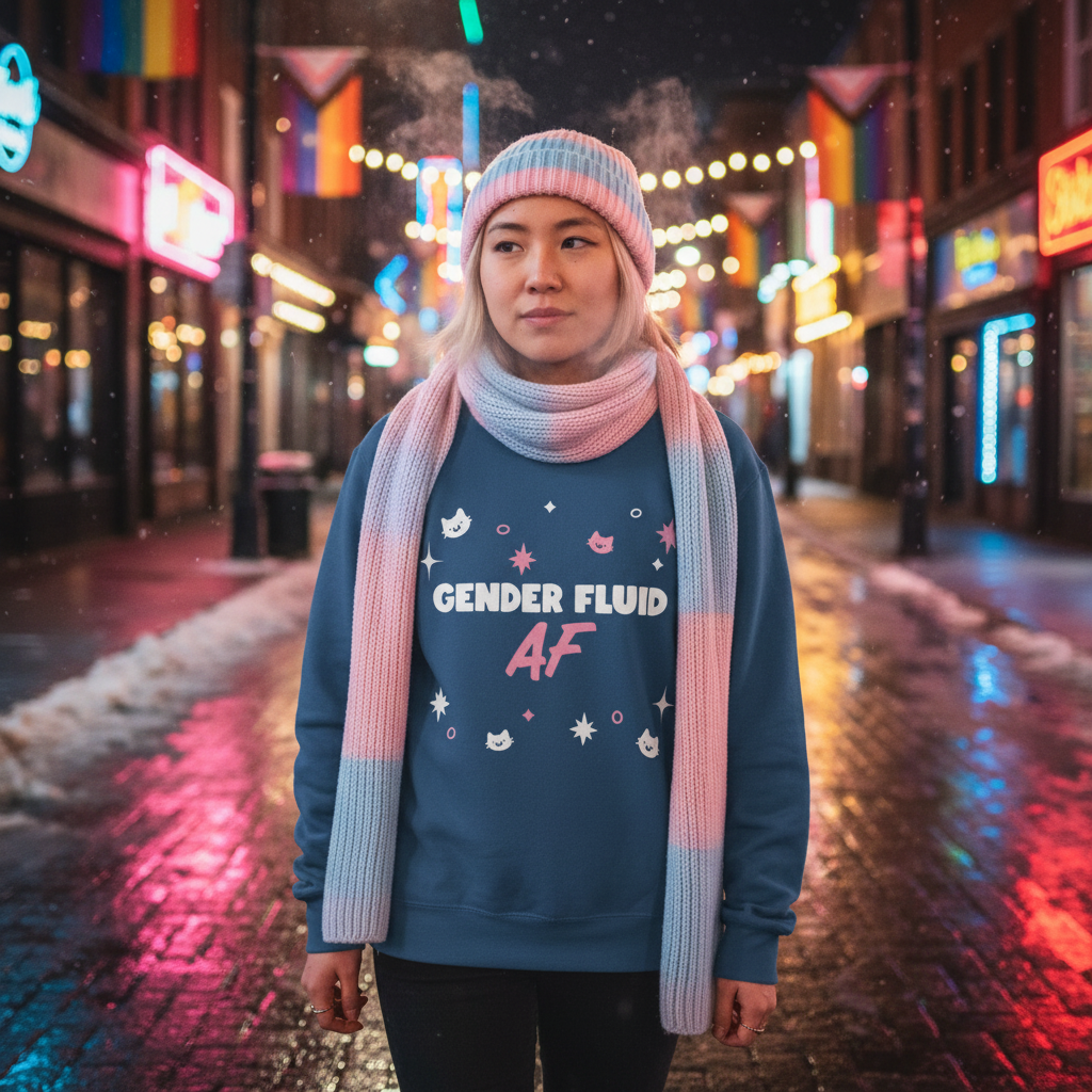 Young person on a wet city street wears the Gender Fluid AF Unisex Sweatshirt, featuring cute cat faces and stars. Paired with a pastel-striped beanie and scarf, embracing cozy queer pride.