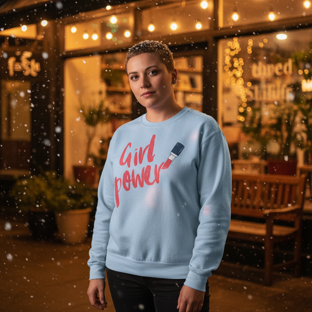 Young person in a Girl Power Unisex Sweatshirt, pale blue with pink script and lipstick graphic, standing outside amidst falling snowflakes, embodying prideful, inclusive, and empowering queer energy.
