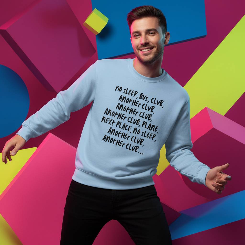 Model wearing a light blue sweatshirt with black “NO SLEEP BUS, CLUB, ANOTHER CLUB” text