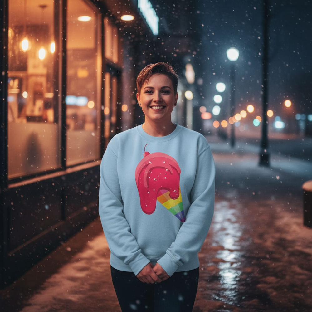 Person wearing a light blue sweatshirt with a rainbow popsicle graphic on a snowy city sidewalk