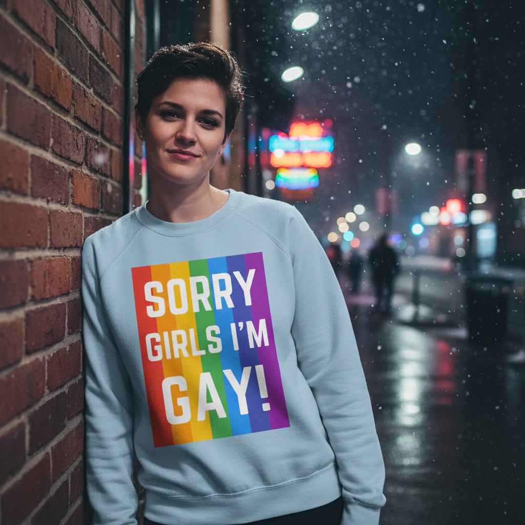 Person in Sorry Girls I'm Gay! Unisex Sweatshirt, featuring rainbow stripes, leans against a brick wall on a neon-lit street, embodying pride and self-expression in a cozy, classic fit.