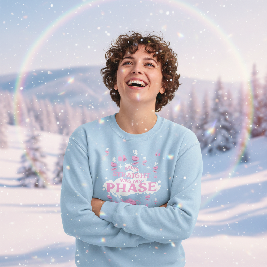 A joyful young person wears the Being Straight Was My Phase Unisex Sweatshirt, exuding pride. The sweatshirt showcases playful lettering, perfect for celebrating LGBTQIA+ identity with warmth and self-expression.
