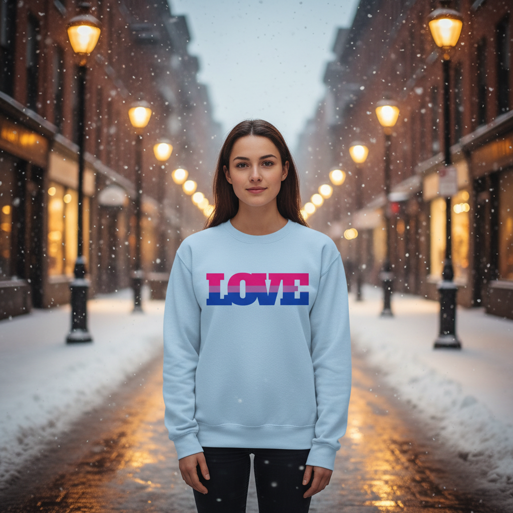 Young woman in a Bisexual Love Unisex Sweatshirt stands on a snowy street, embodying LGBTQ pride and visibility, with the word “LOVE” bold on her chest, surrounded by softly falling snowflakes.