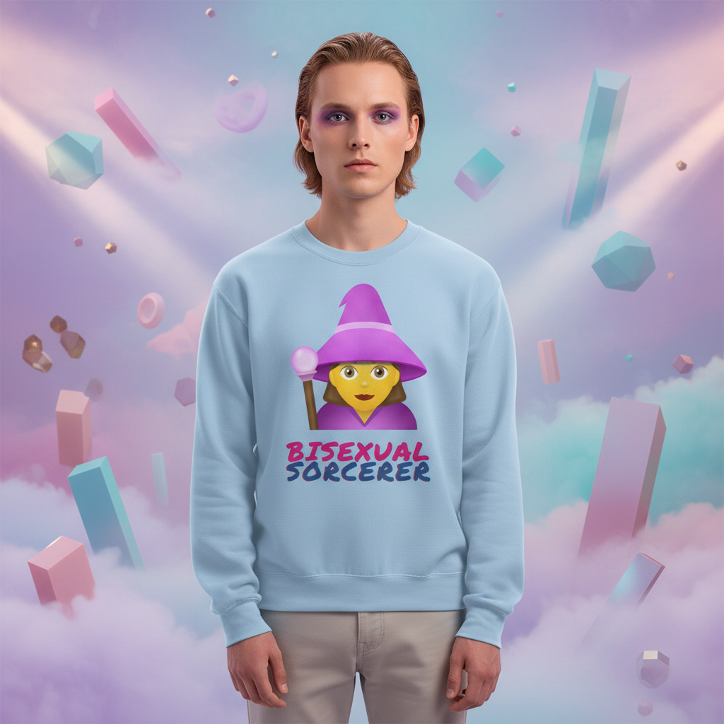 Young person in a light blue Bisexual Sorcerer Unisex Sweatshirt with a witch-emoji and bold lettering, standing against a dreamy backdrop, embodying LGBTQ pride and self-expression.