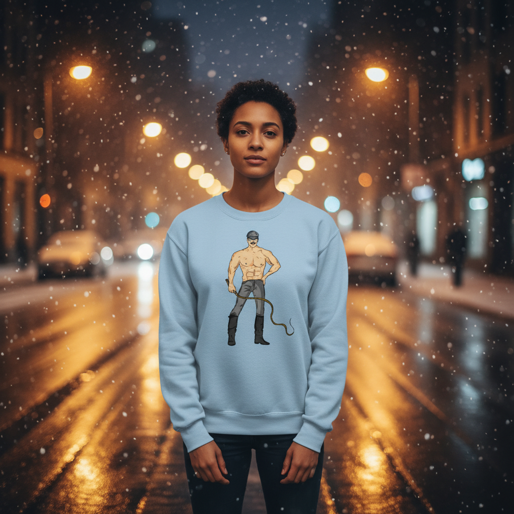 Young woman in a city street at night wearing a Dominant Daddy Unisex Sweatshirt, featuring a bold graphic of a muscular man, embodying queer pride, empowerment, and self-expression.