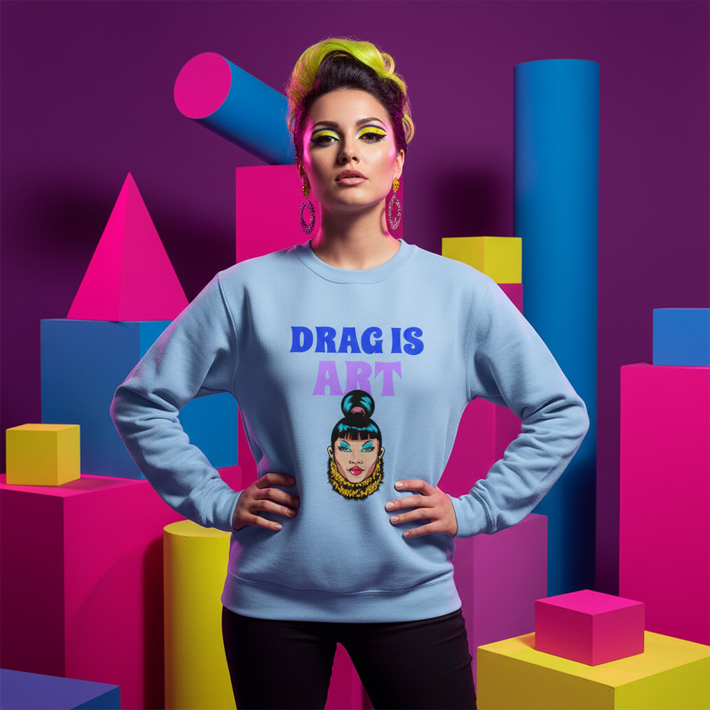 Drag Is Art Unisex Sweatshirt in light blue, with a stylized drag face and "DRAG IS ART," modeled by a queer icon amid bold geometric pink, yellow, and blue shapes.