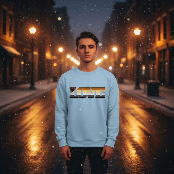Model wearing a light blue sweatshirt with a bear-pride stripe graphic on a snowy city street