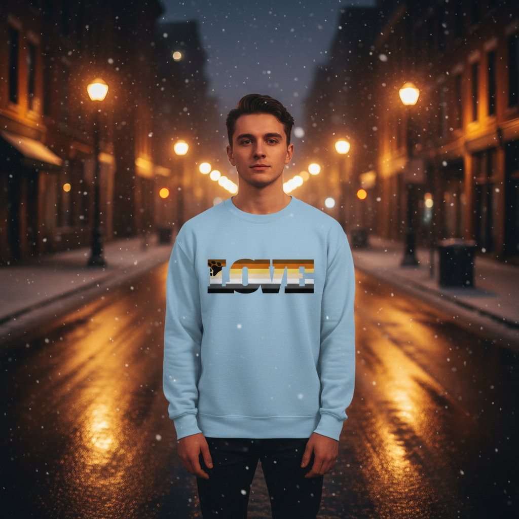 Young man wearing the Gay Bear Love Unisex Sweatshirt with bear-pride flag motif, standing on a wet city street at night, reflecting Queer In The World's empowering and inclusive LGBTQIA+ fashion.