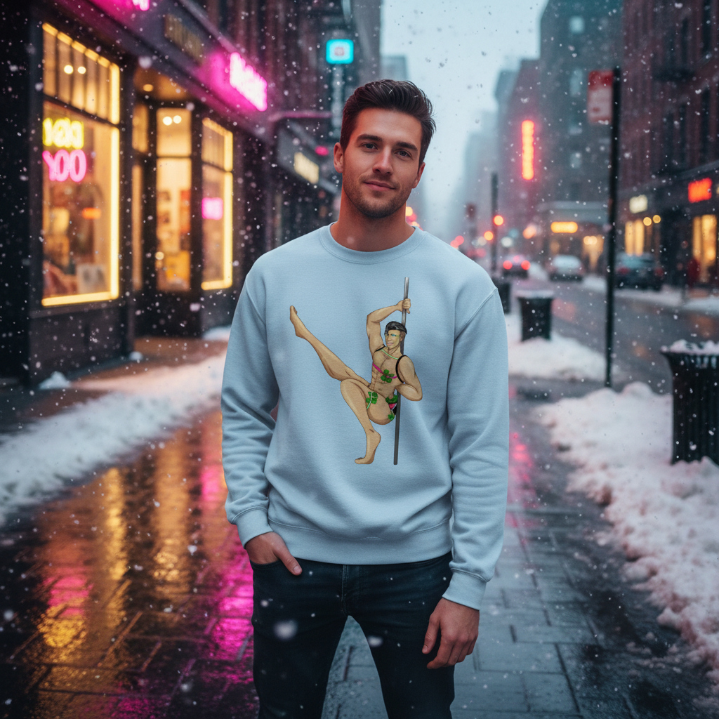 Person modeling a light blue sweatshirt with a colorful pole-dancer illustration in a snowy city street