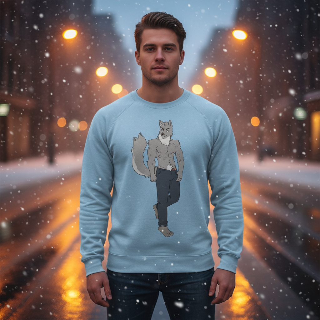 Model wearing a light blue sweatshirt with a shirtless anthropomorphic wolf graphic in falling snow