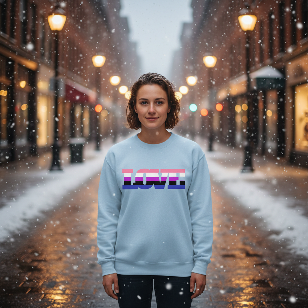 Person wearing a light blue sweatshirt with a multicolor LOVE graphic in a snowy city street
