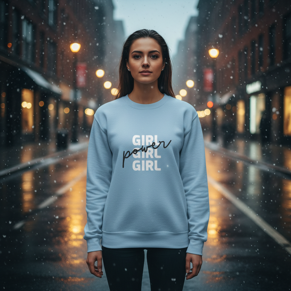 Person wearing a light blue sweatshirt reading “GIRL GIRL GIRL” with “power” across it in falling snow