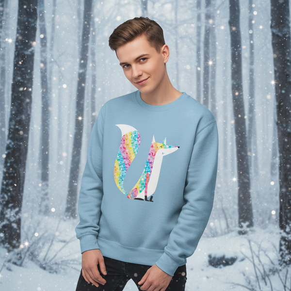 Model wearing a light blue sweatshirt with a colorful glitter fox graphic in a snowy forest