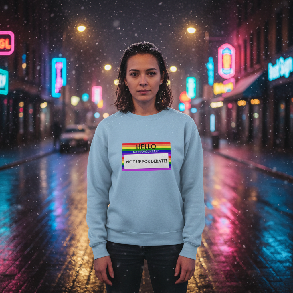 Person wearing a light blue sweatshirt reading “HELLO MY PRONOUNS ARE NOT UP FOR DEBATE” in a snowy neon-lit street