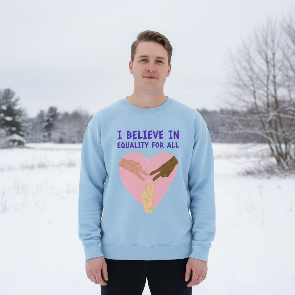 Young man in a snow-covered field wearing the I Believe In Equality For All unisex sweatshirt, featuring a pink heart with diverse hands forming a peace sign, showcasing LGBTQ pride and inclusivity.