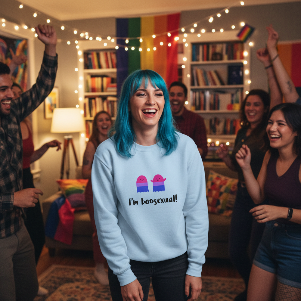 Model wearing a light blue sweatshirt reading “I’m boosexual!” with two rainbow ghosts