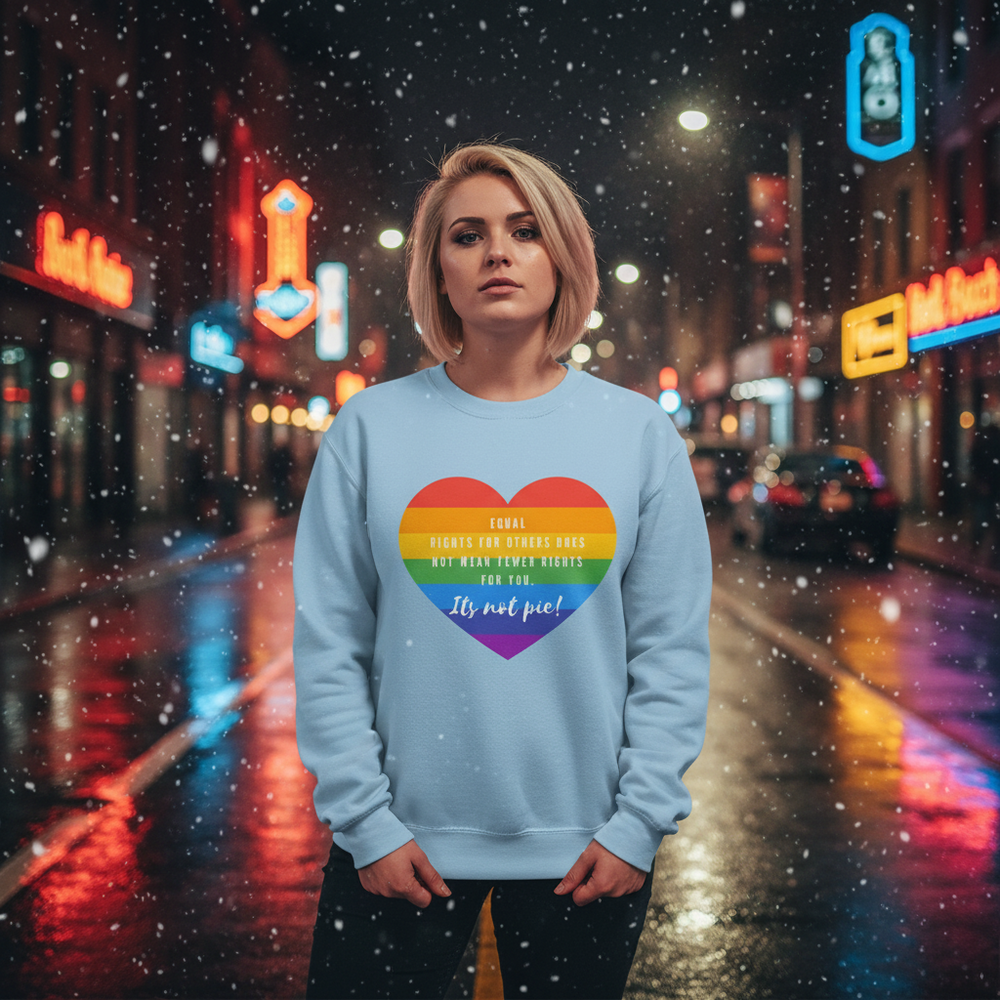Front-facing model wears a light blue sweatshirt with a rainbow heart and “It's not pie!” text
