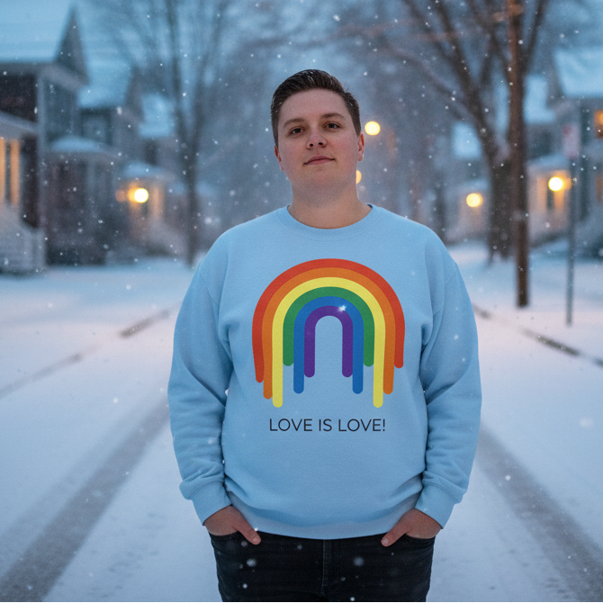 Individual wearing the Love Is Love Rainbow Unisex Sweatshirt stands on a serene, snow-covered street at dusk, embodying warmth and pride with a vibrant rainbow graphic, amidst a softly glowing, wintry atmosphere.